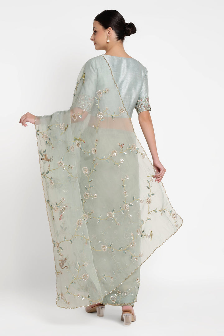 Woman wearing a light green saree with floral patterns on a white background