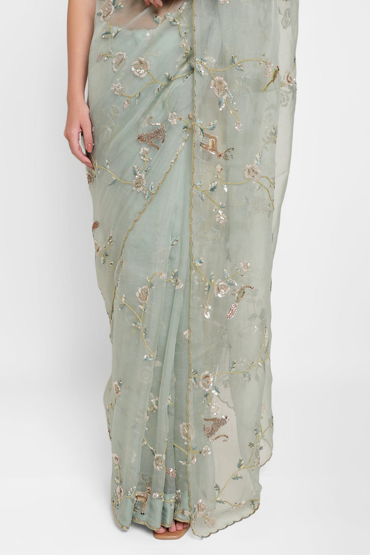 Light green saree with floral patterns on a white background