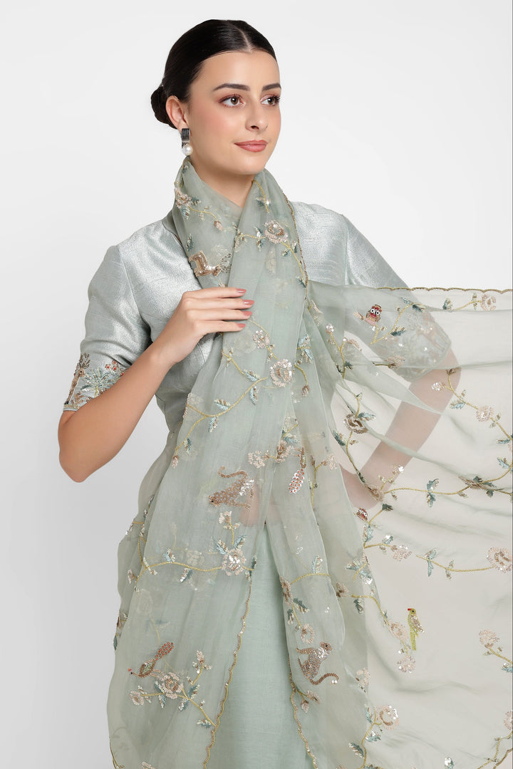 Woman wearing a light green saree with floral embroidery on a white background