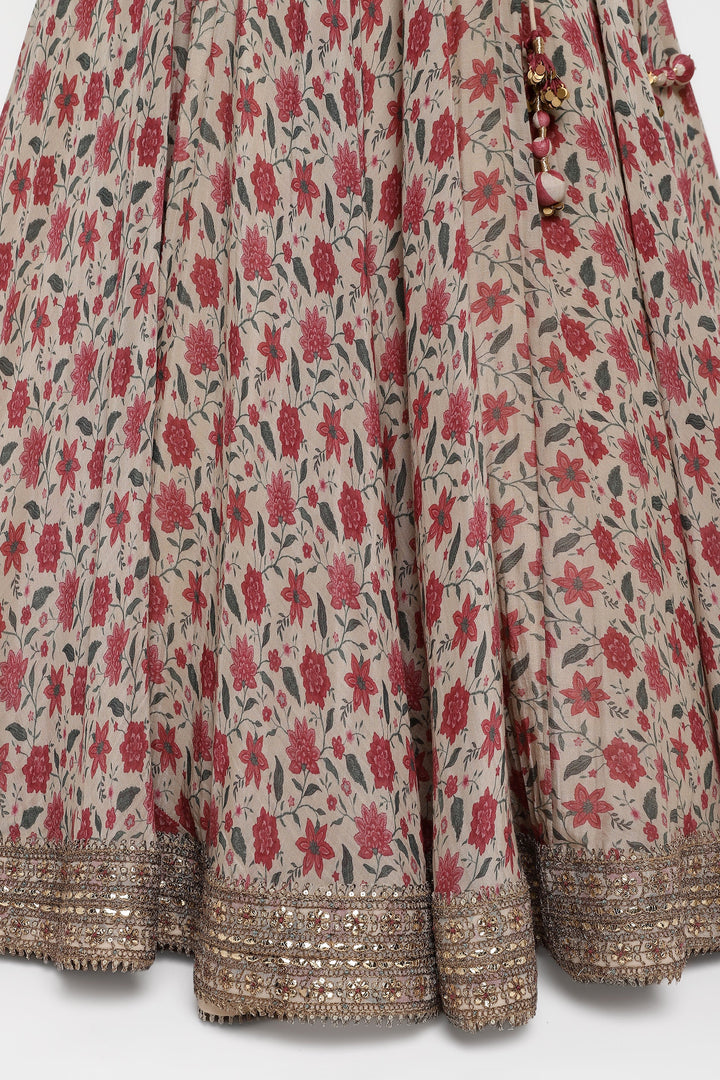 Traditional outfit with red floral pattern on a beige background