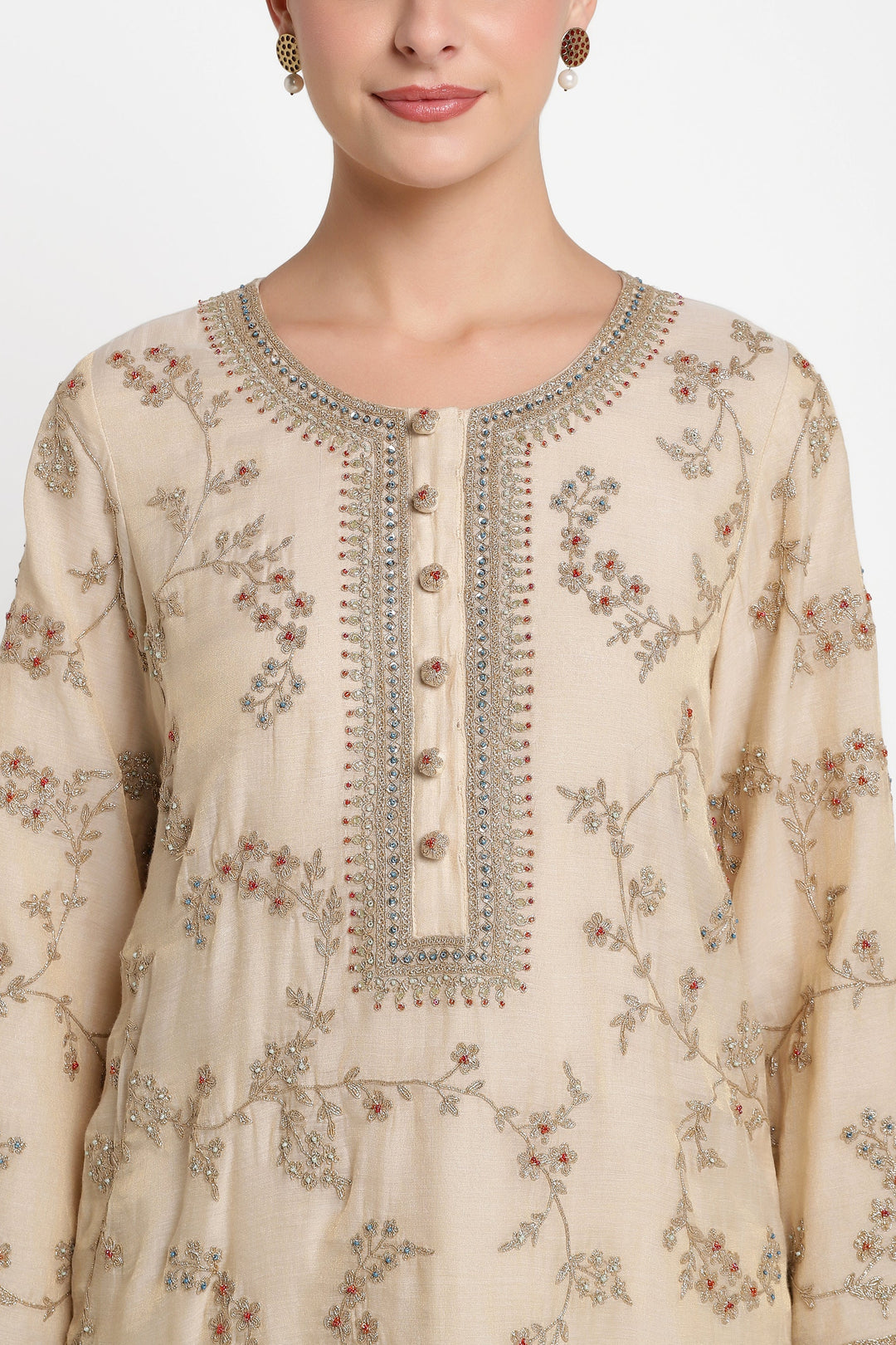 Beige embroidered kurta with floral patterns on a white background