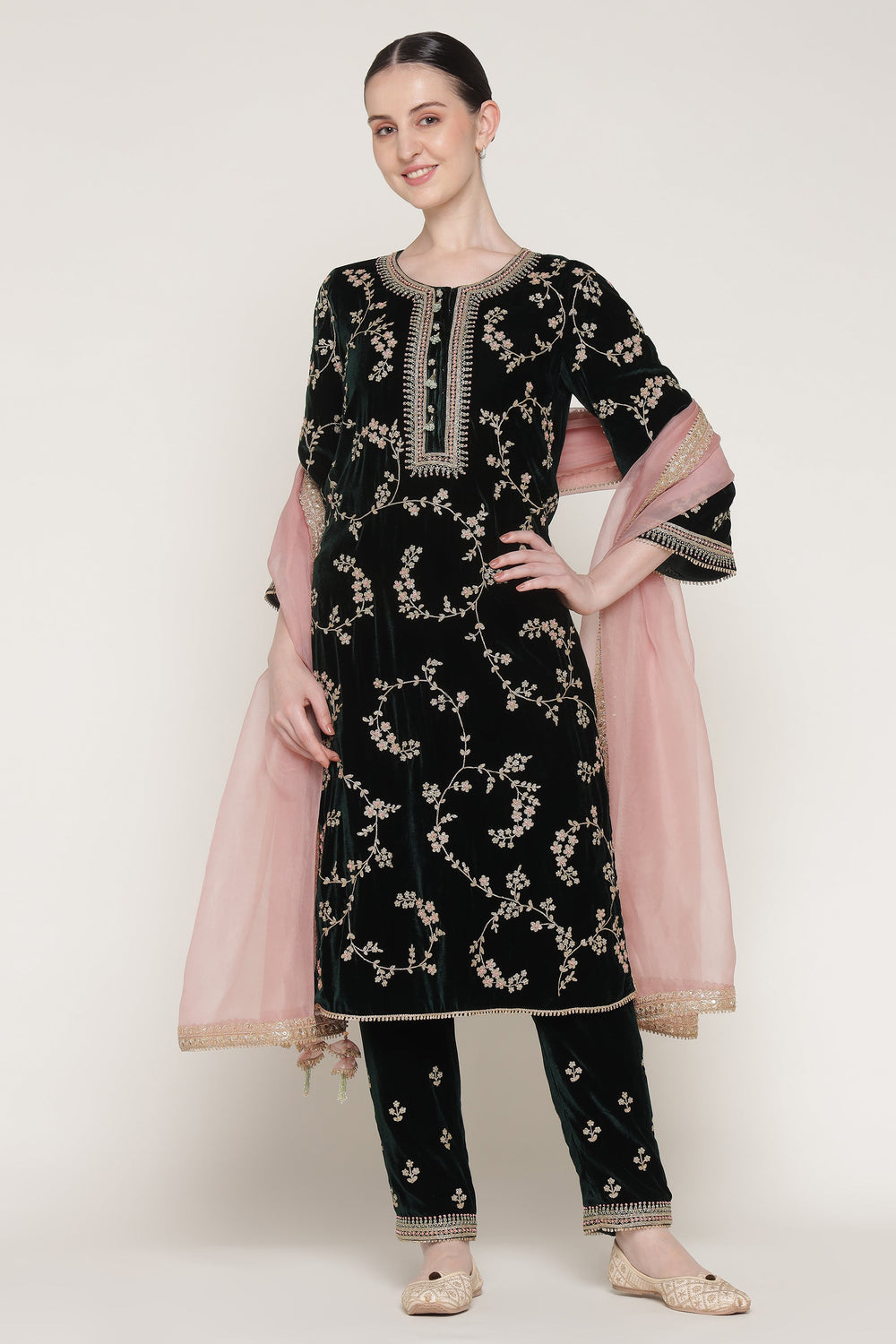 Dark Green Vrinda Dori Velvet Kurta Set