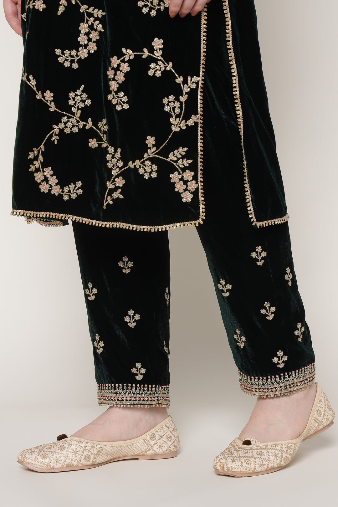 Dark Green Vrinda Dori Velvet Kurta Set