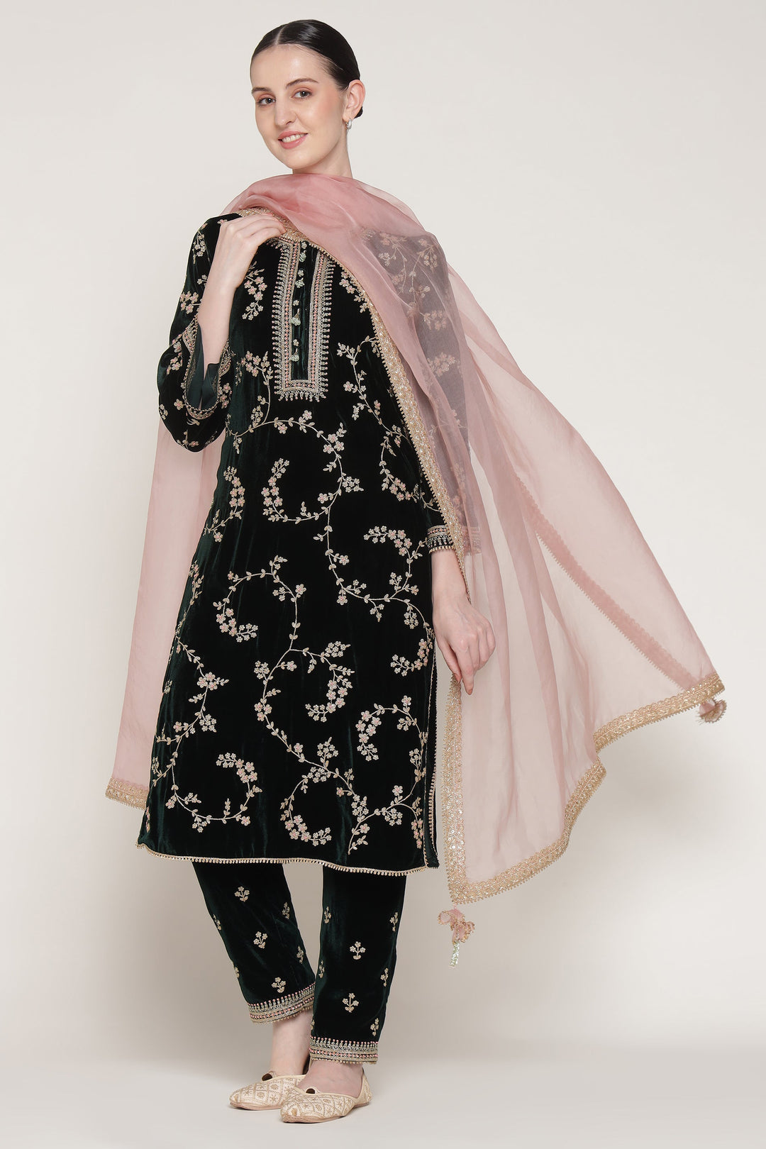 Dark Green Vrinda Dori Velvet Kurta Set