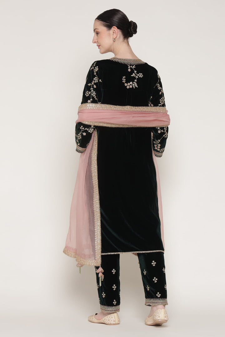 Dark Green Vrinda Dori Velvet Kurta Set