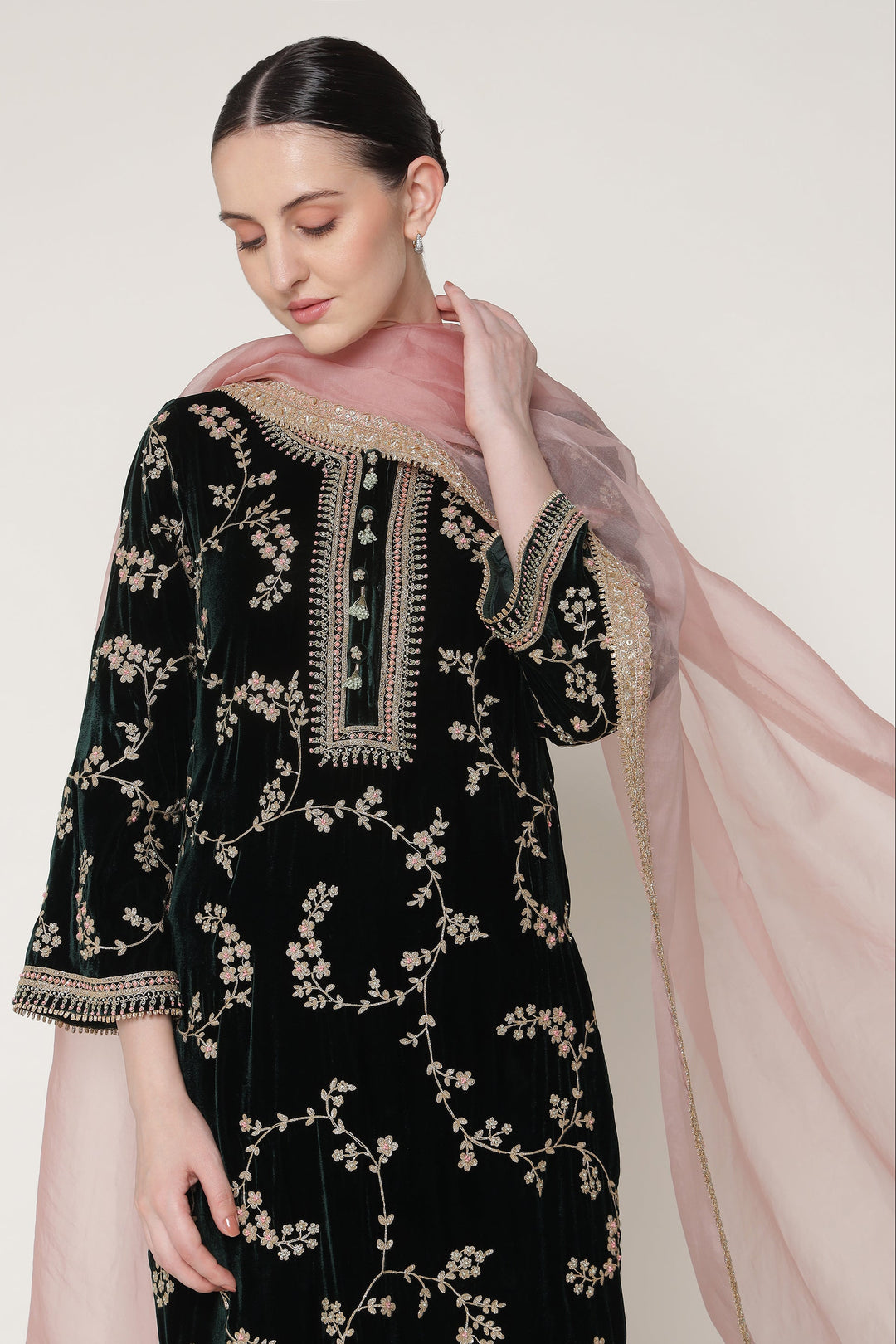 Dark Green Vrinda Dori Velvet Kurta Set