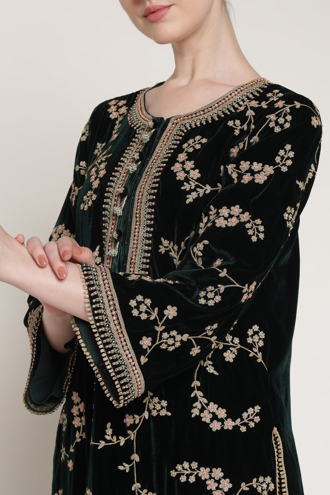 Dark Green Vrinda Dori Velvet Kurta Set