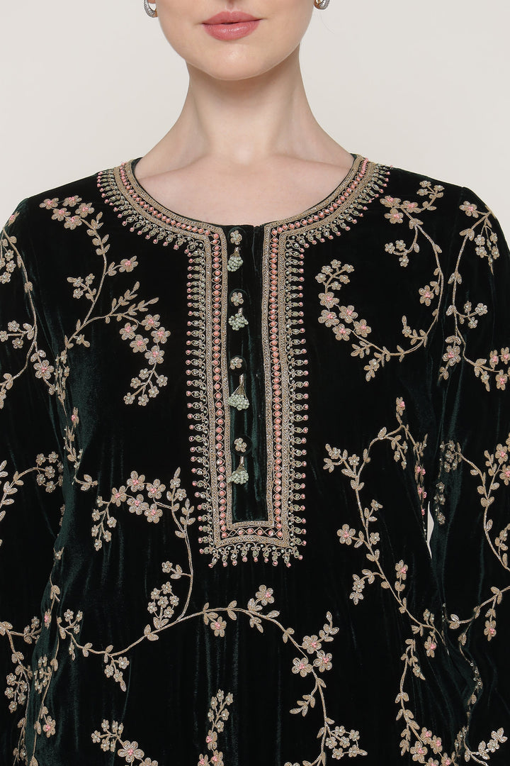 Dark Green Vrinda Dori Velvet Kurta Set