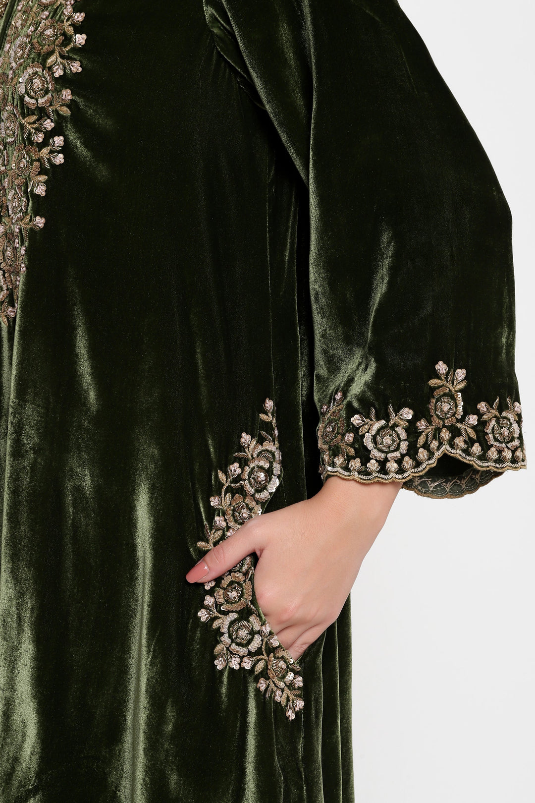 Dark Green Velvet Rose Kurta Set