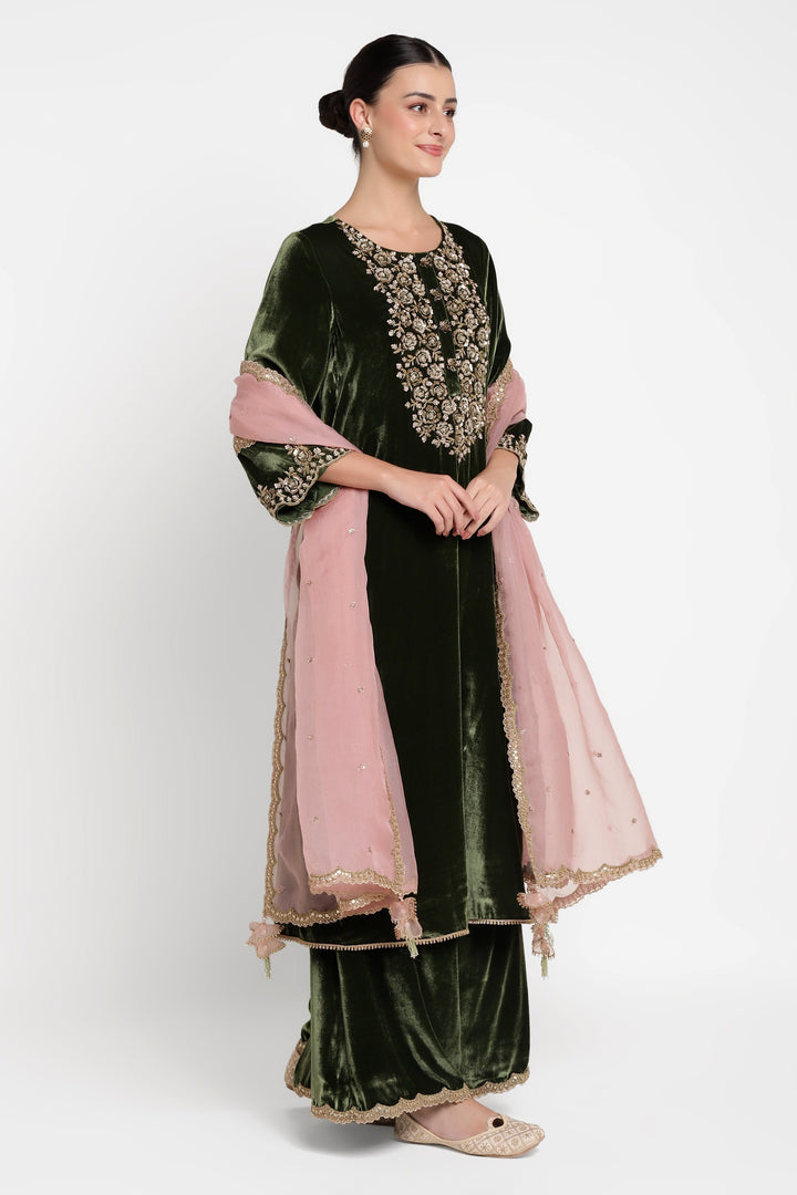 Woman wearing a green and pink traditional outfit with floral embroidery on a white background