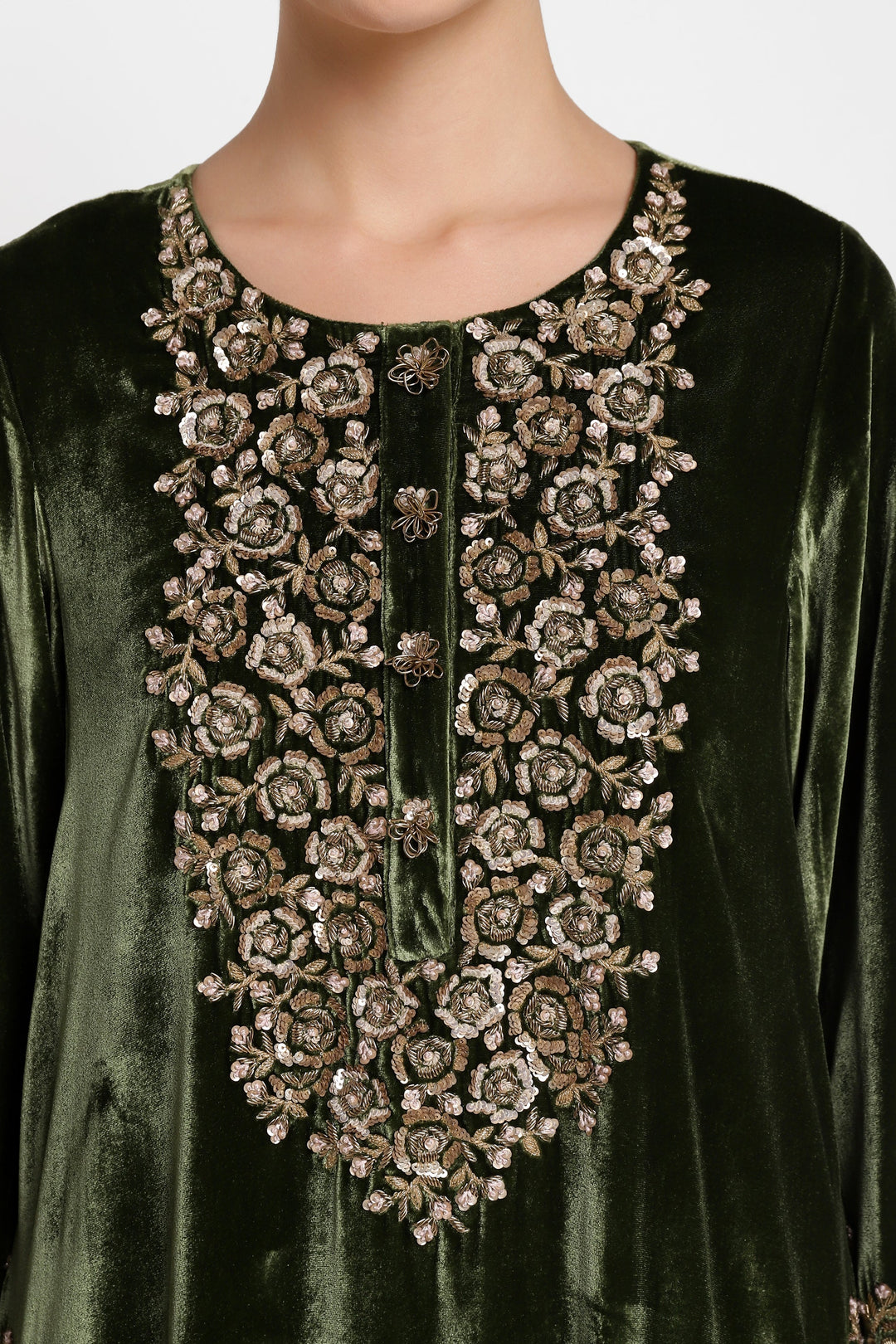 Dark Green Velvet Rose Kurta Set