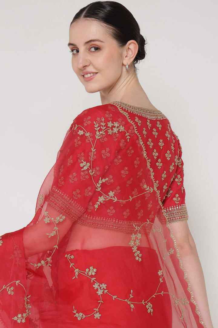 Woman wearing a red embroidered saree with a white background