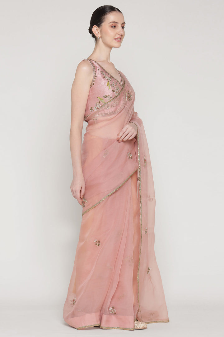 Woman wearing a pink saree with intricate designs on a white background