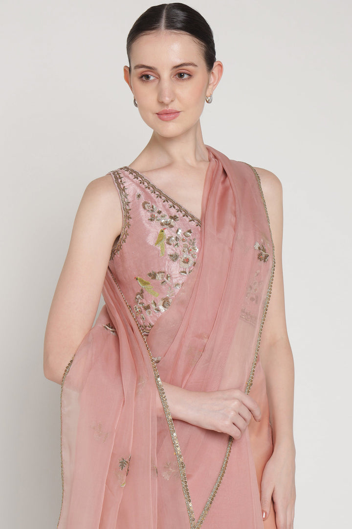 Woman wearing a pink saree with floral embroidery on a plain background