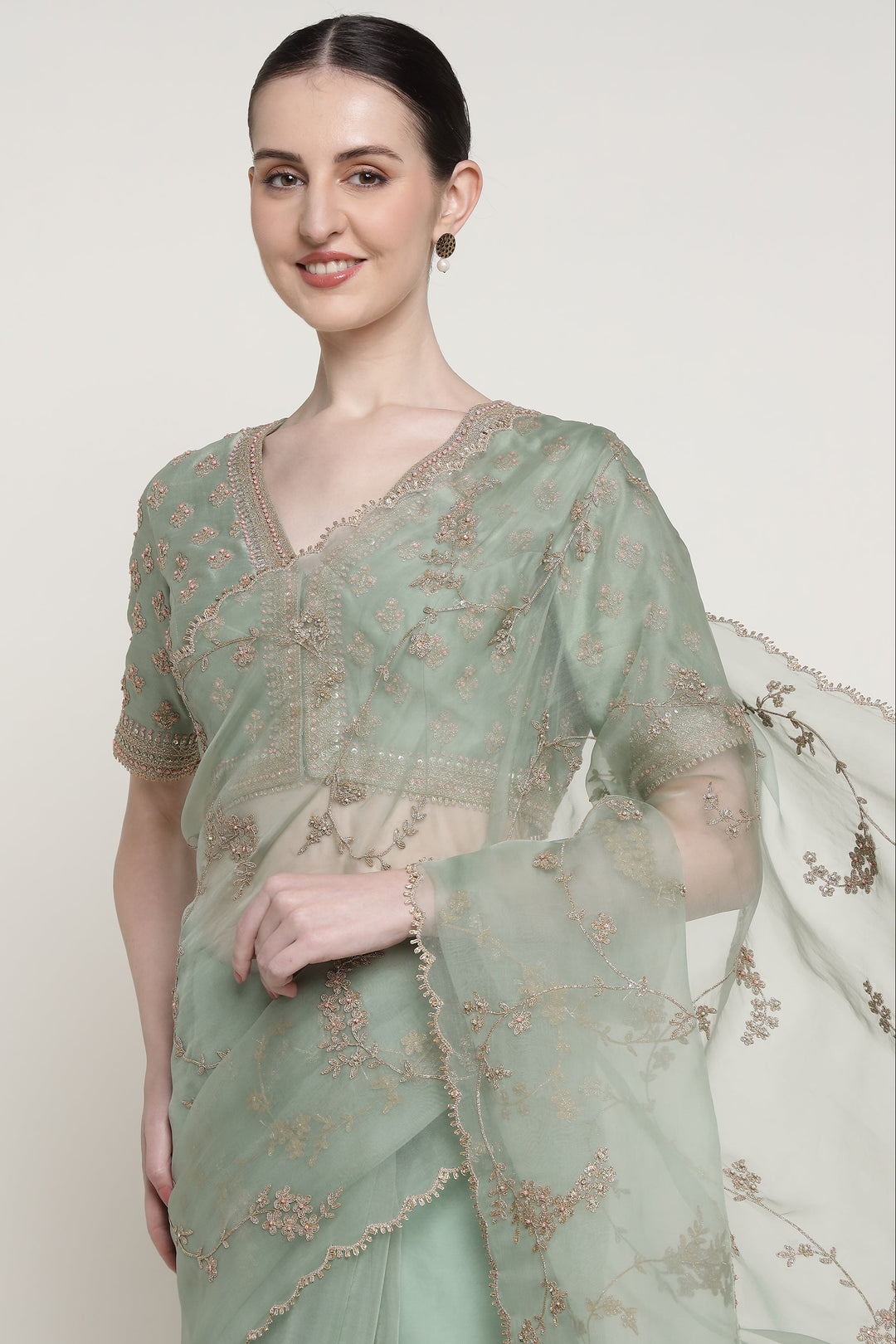 Woman wearing a light green embroidered saree with a white background