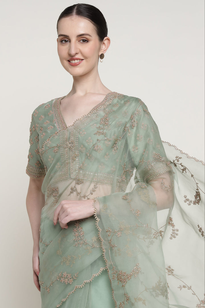 Woman wearing a light green embroidered saree with a white background