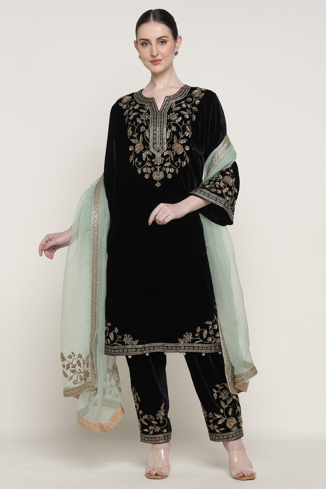 Black Antique Velvet Long Kurta Set