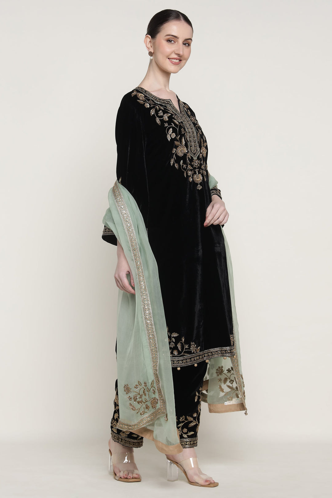 Black Antique Velvet Long Kurta Set