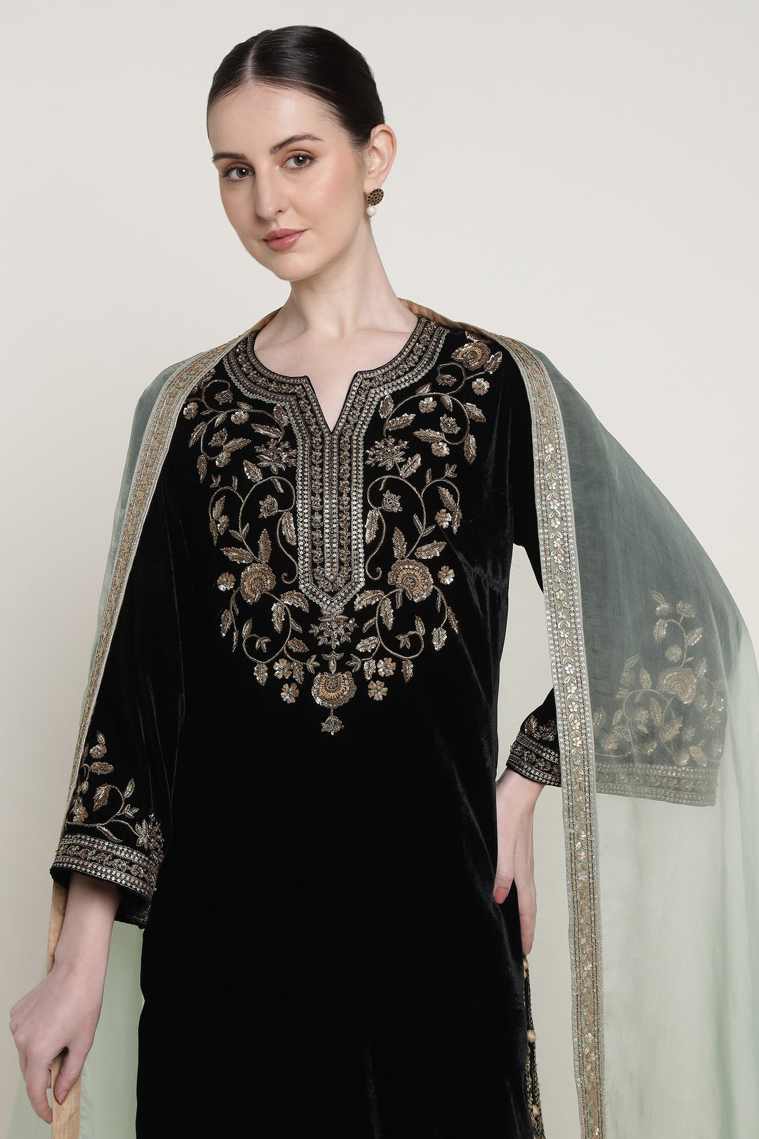 Black Antique Velvet Long Kurta Set