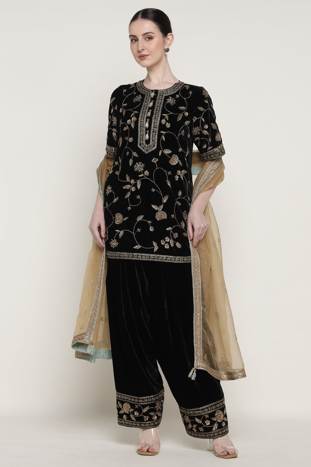 Black Antique Flower Short Kurta Set