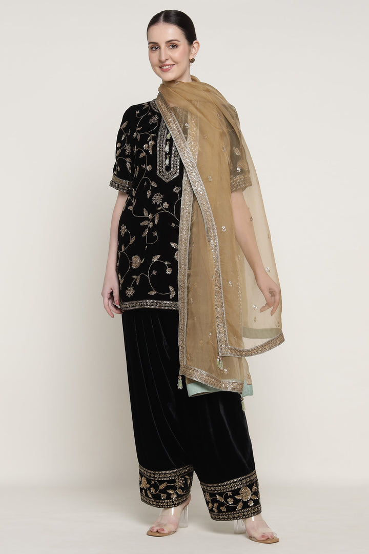 Black Antique Flower Short Kurta Set