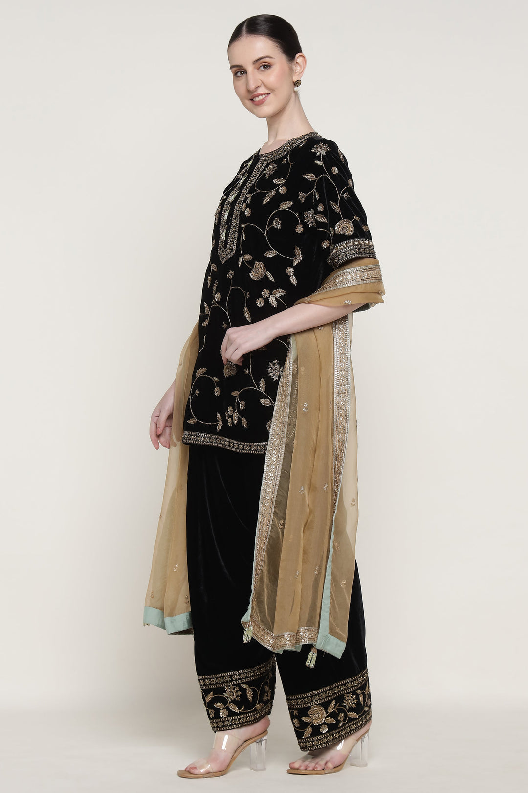 Black Antique Flower Short Kurta Set