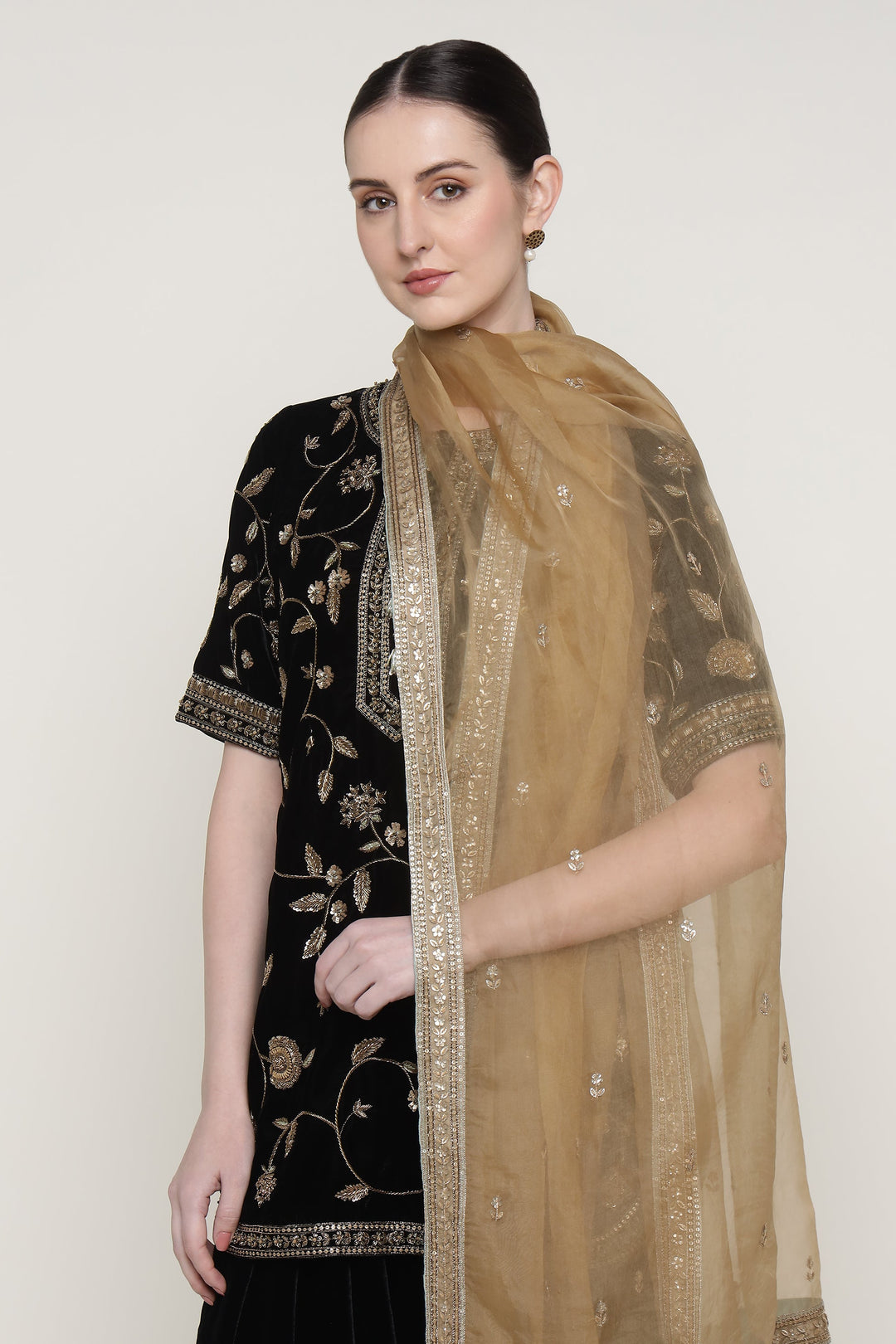 Black Antique Flower Short Kurta Set