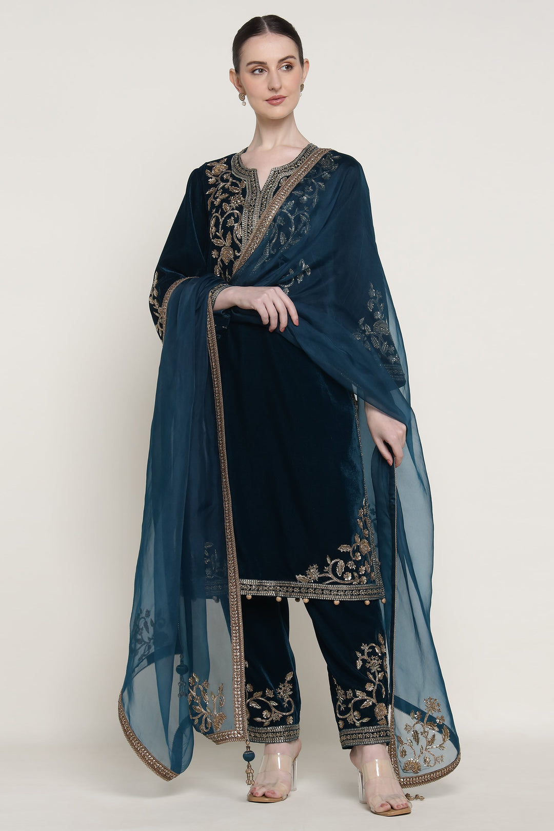 Blue Antique Velvet Long Kurta Set