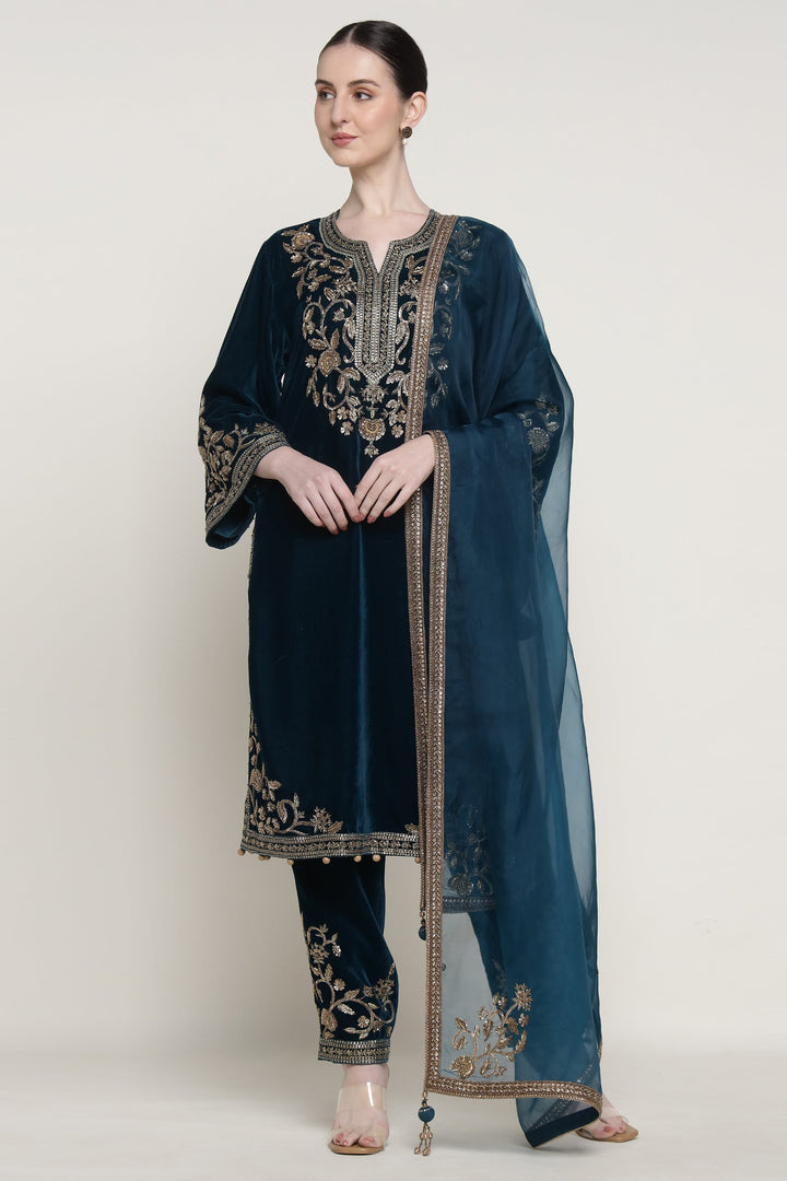 Blue Antique Velvet Long Kurta Set