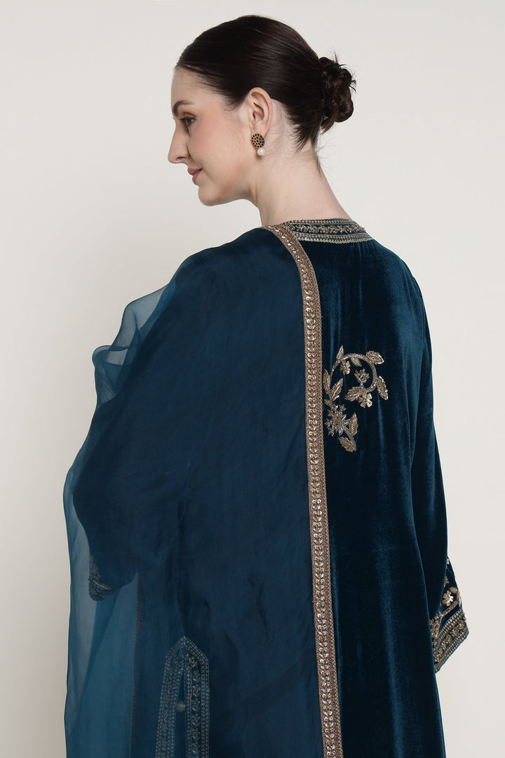 Blue Antique Velvet Long Kurta Set