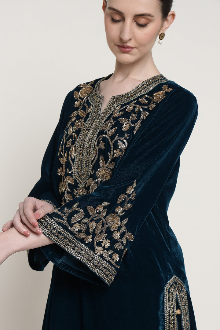Blue Antique Velvet Long Kurta Set