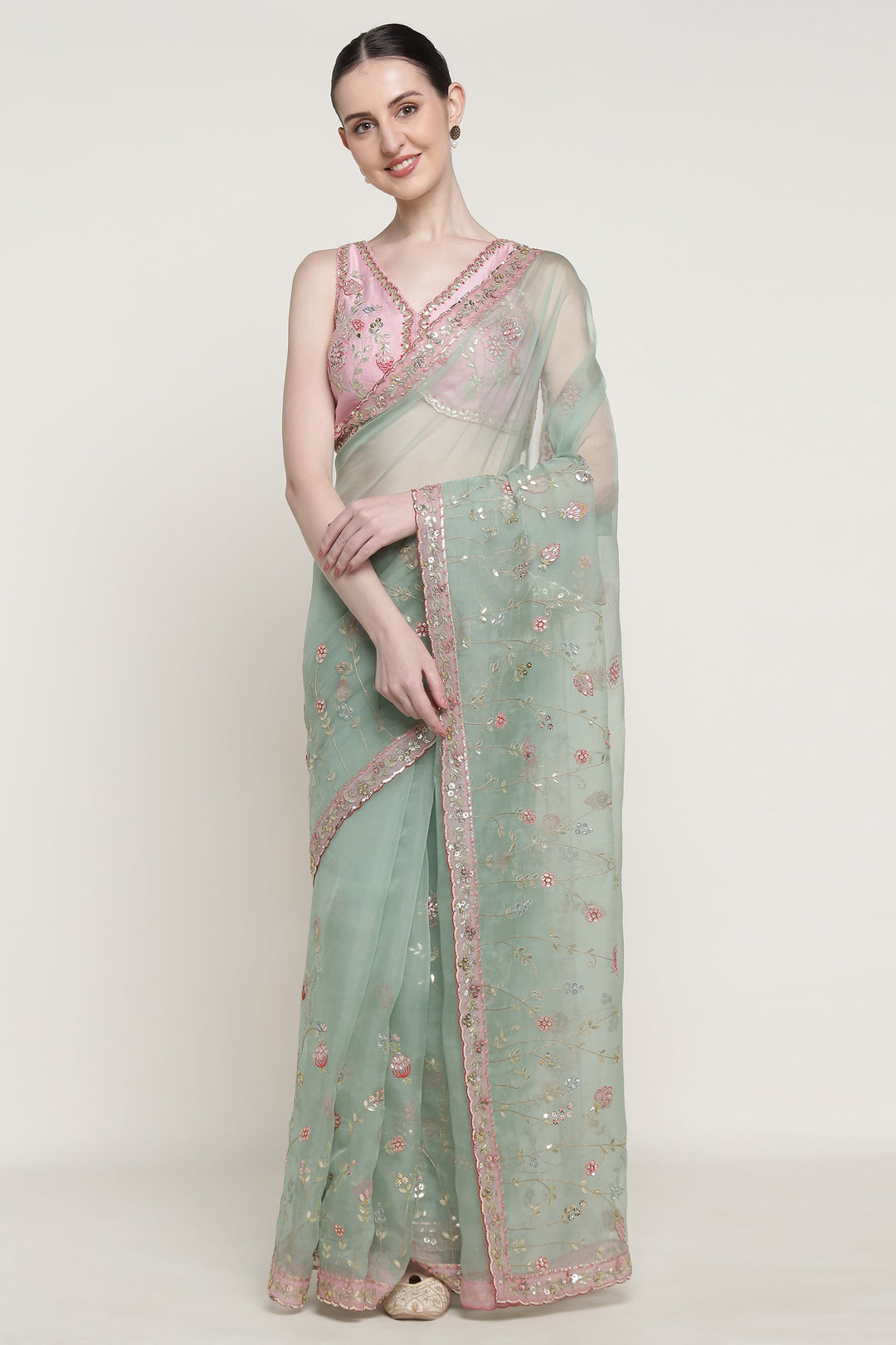 Teal Gota Bloom Saree Set