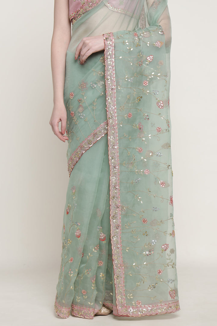 Teal Gota Bloom Saree Set