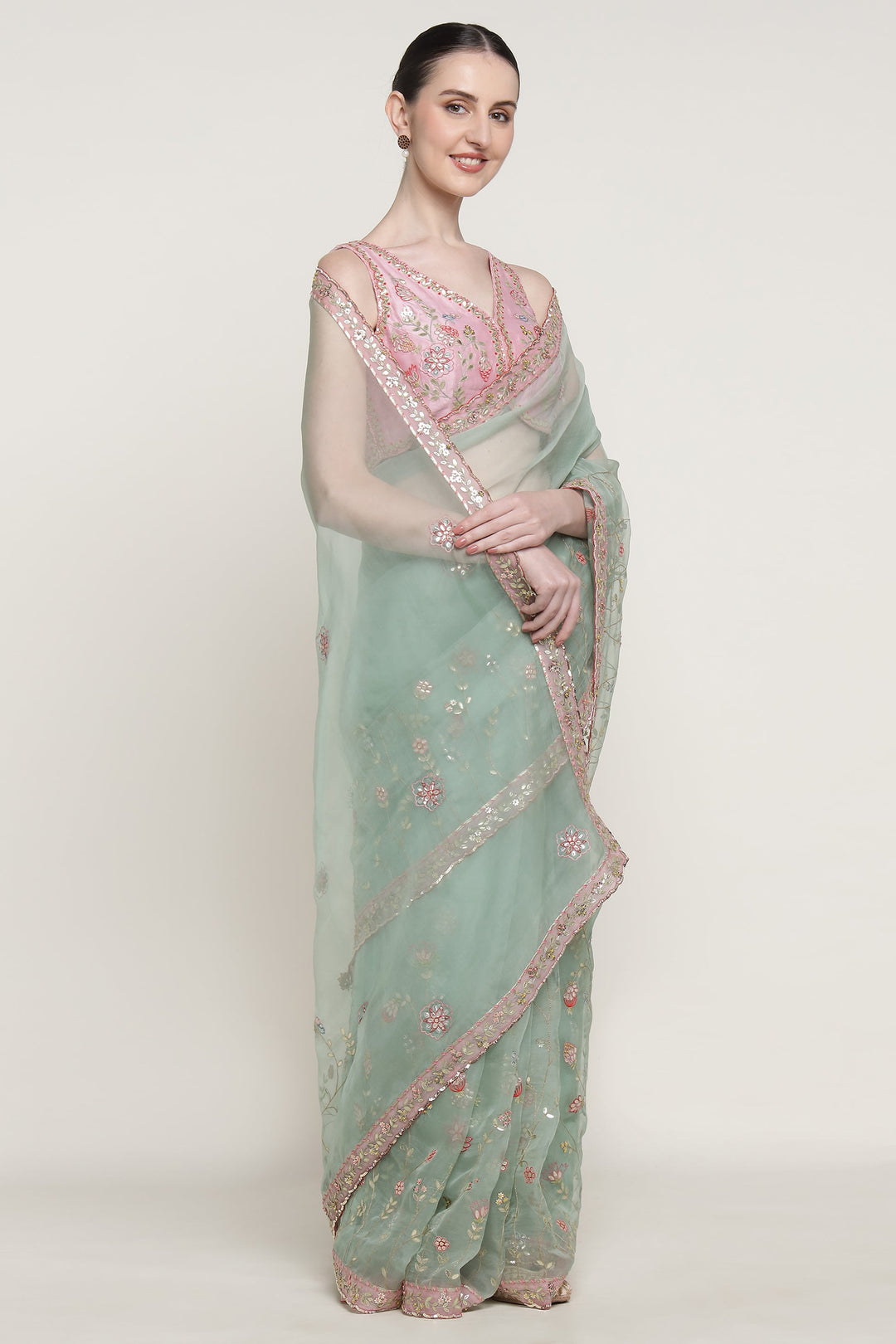 Teal Gota Bloom Saree Set