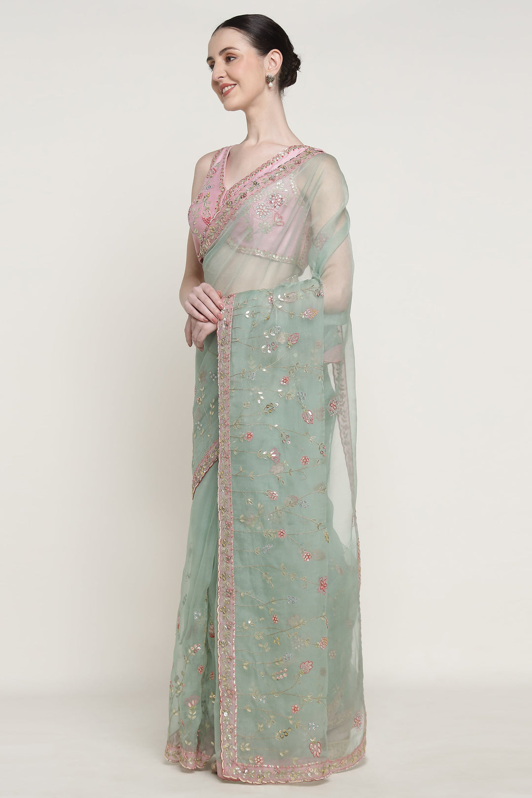 Teal Gota Bloom Saree Set