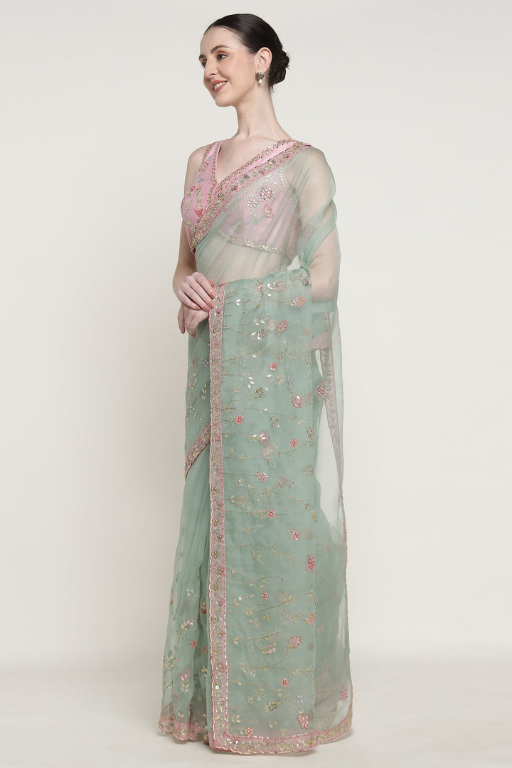 Teal Gota Bloom Saree Set