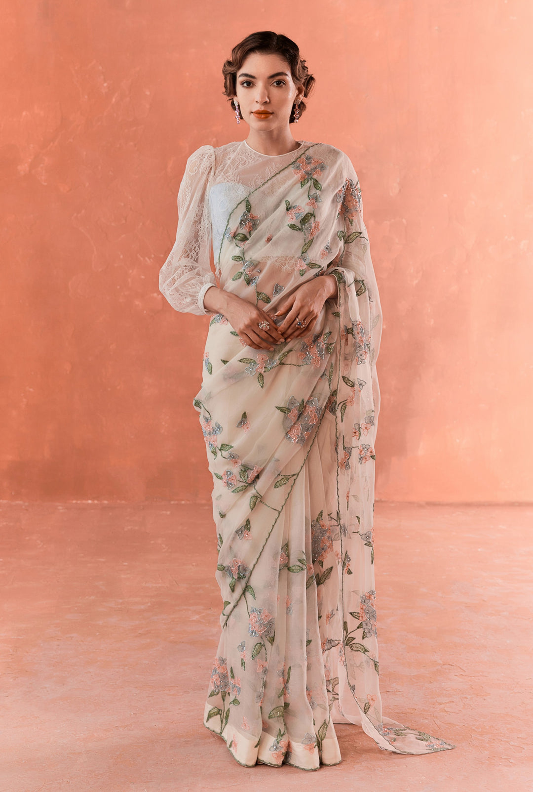 Ivory Hydrangea Saree