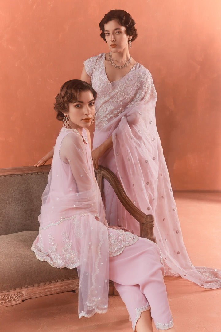 Pink Sparrow Saree Organza Saree and Georgette Blouse with threadwork and cutdana embroidery