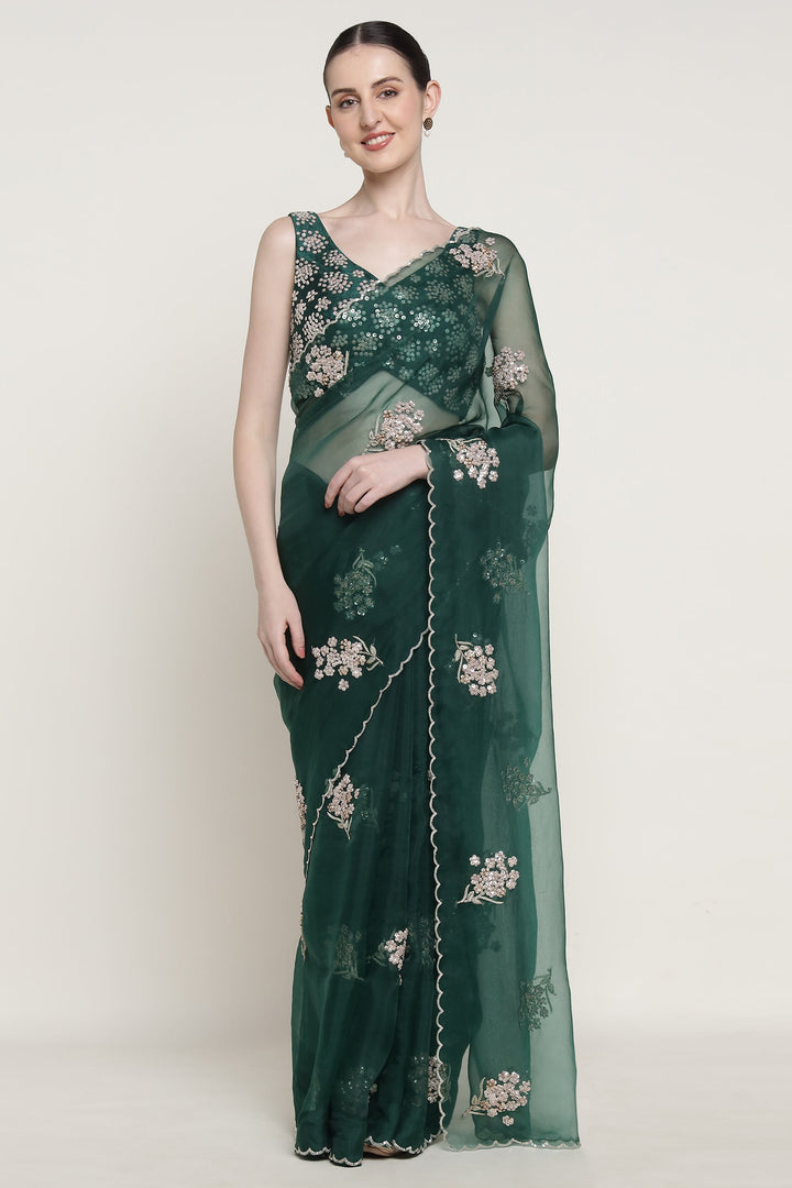 Green Glowing Dandelion Saree