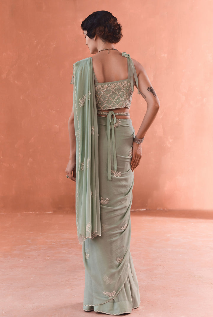 Teal Dandelion Chiffon Saree with Corset Embroidered Georgette Blouse