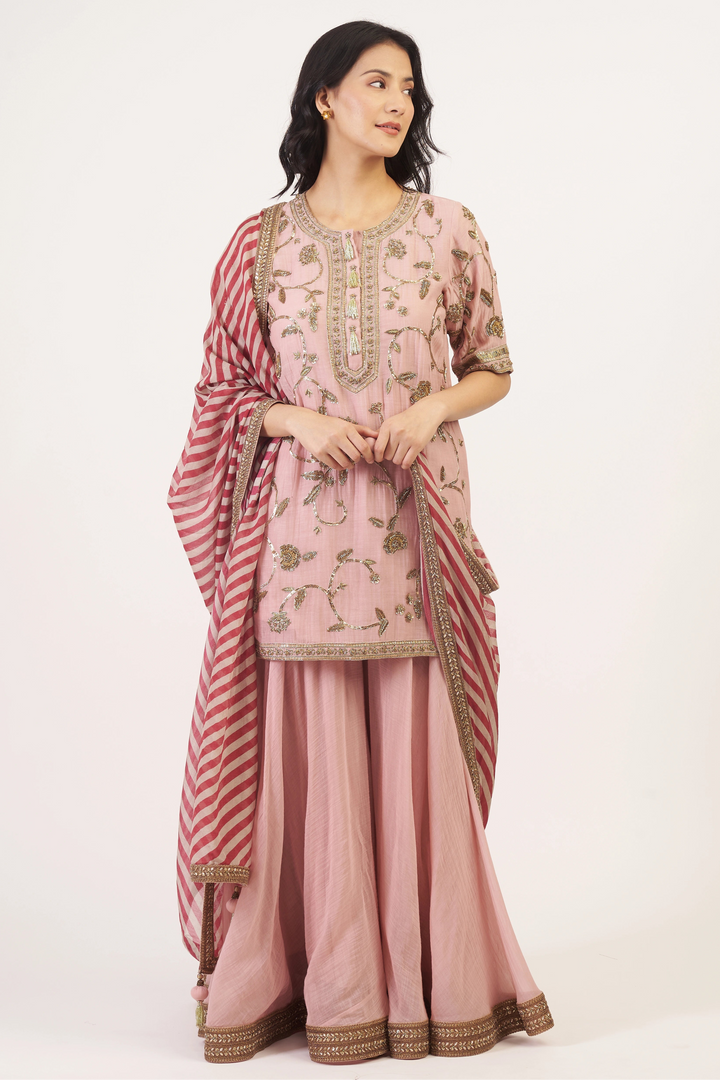 Woman wearing a traditional pink outfit with a matching dupatta on a white background