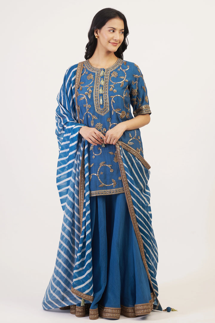 Woman wearing a blue traditional outfit with intricate patterns on a white background