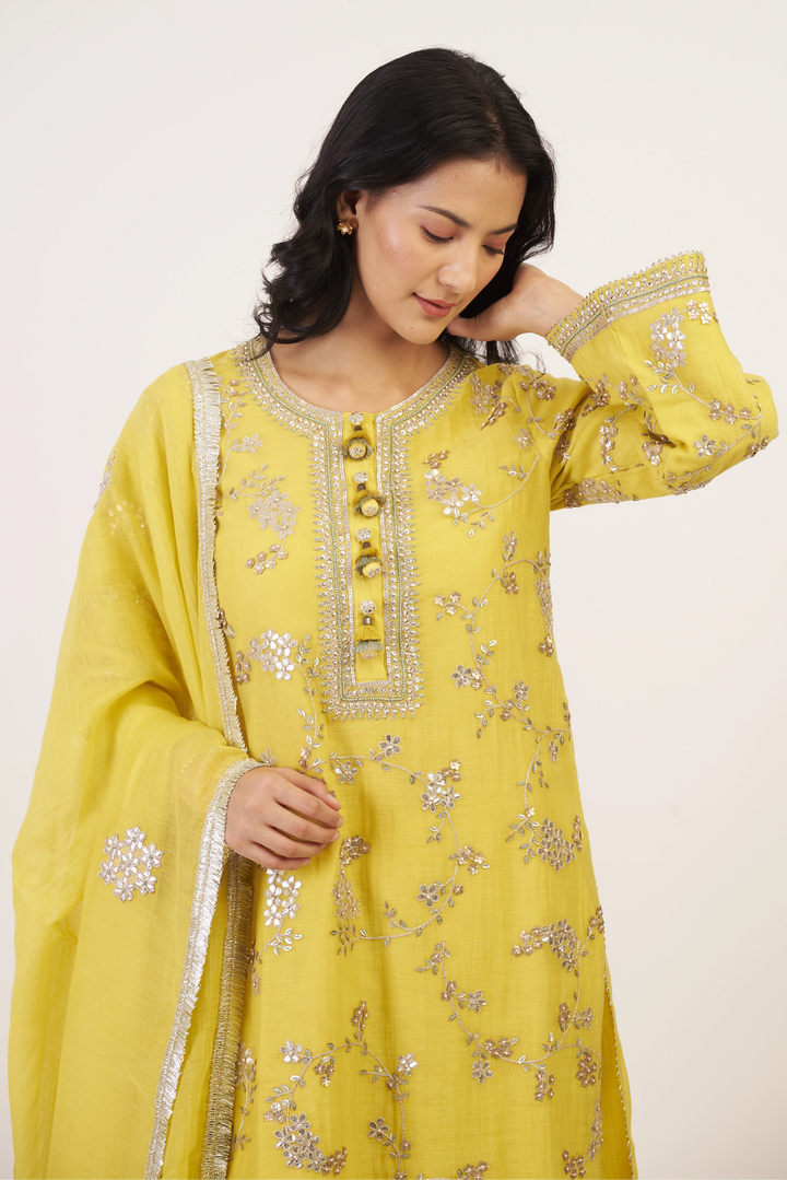 Woman wearing a yellow embroidered traditional outfit against a white background