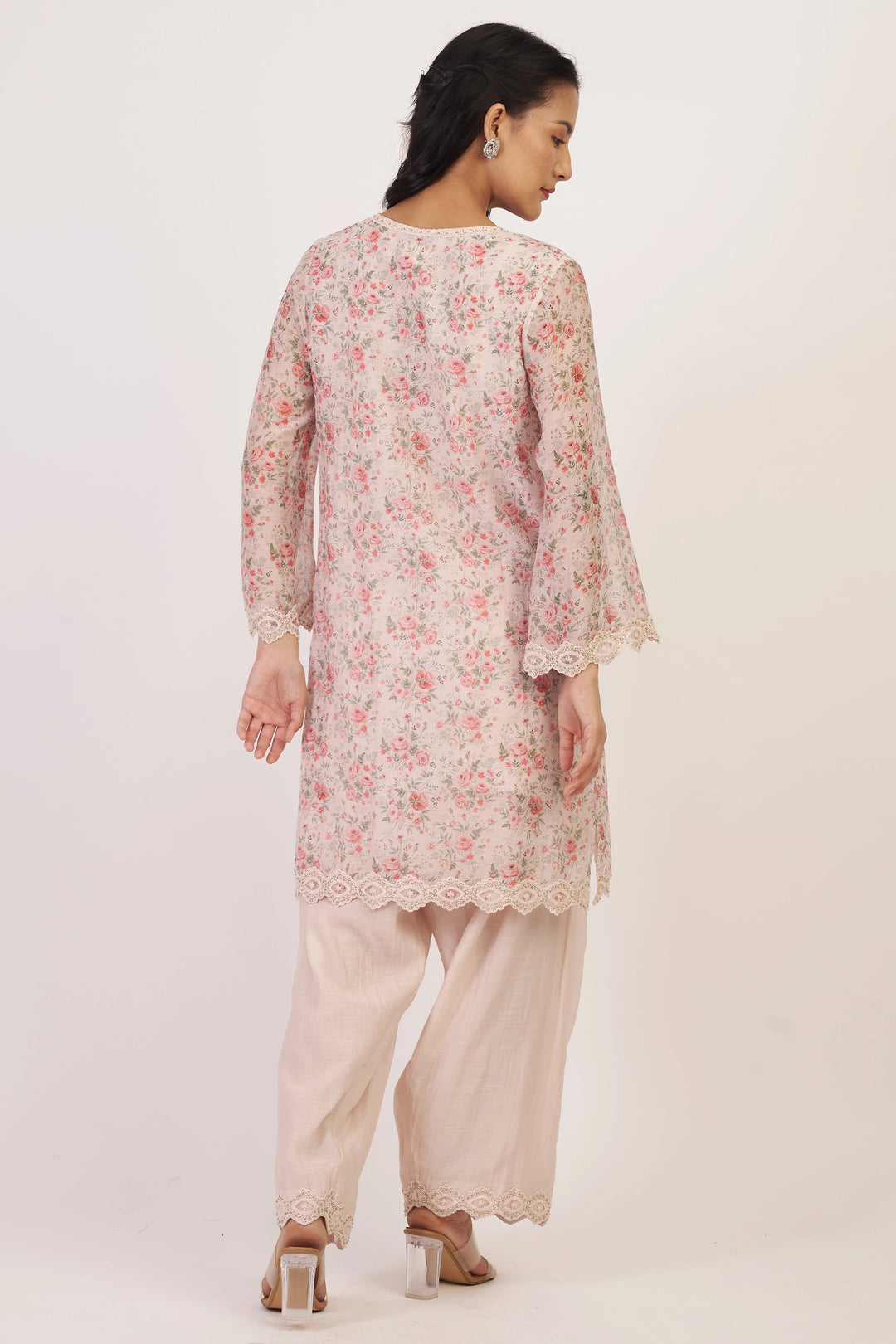 White & Pink Rosette Kurta Set