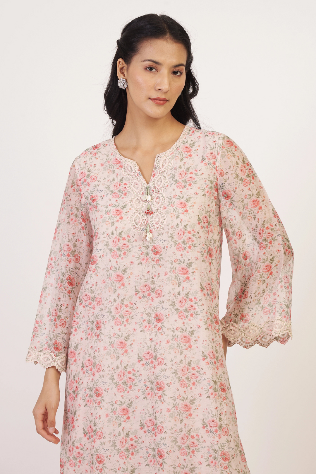 White & Pink Rosette Kurta Set