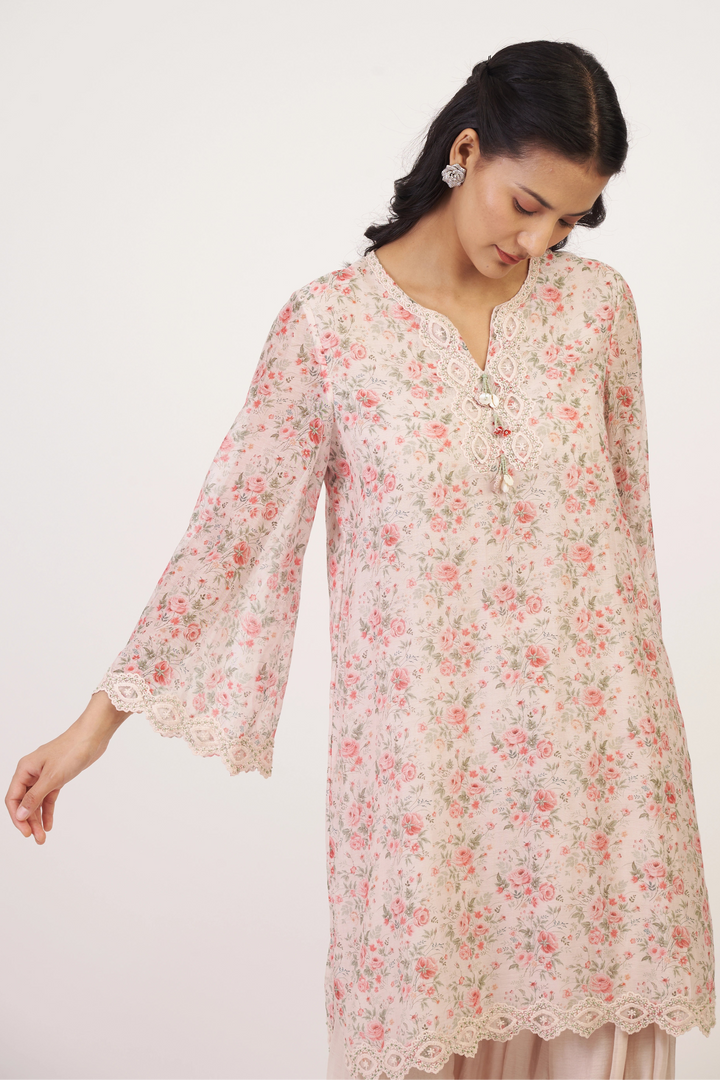 White & Pink Rosette Kurta Set