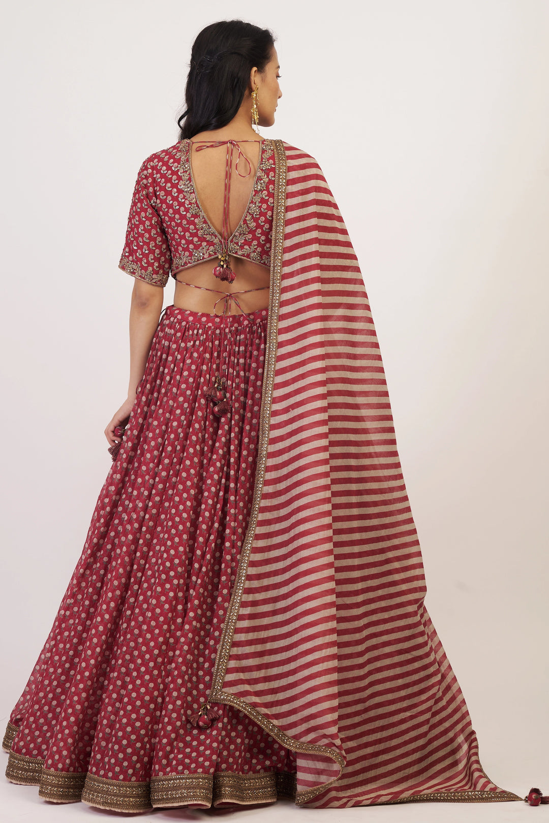 Woman wearing a traditional pink and red saree with a white background