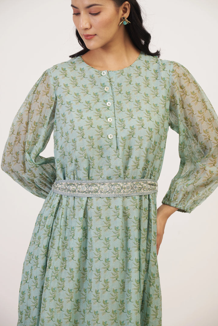 Woman wearing a light blue dress with floral pattern and silver belt against a white background