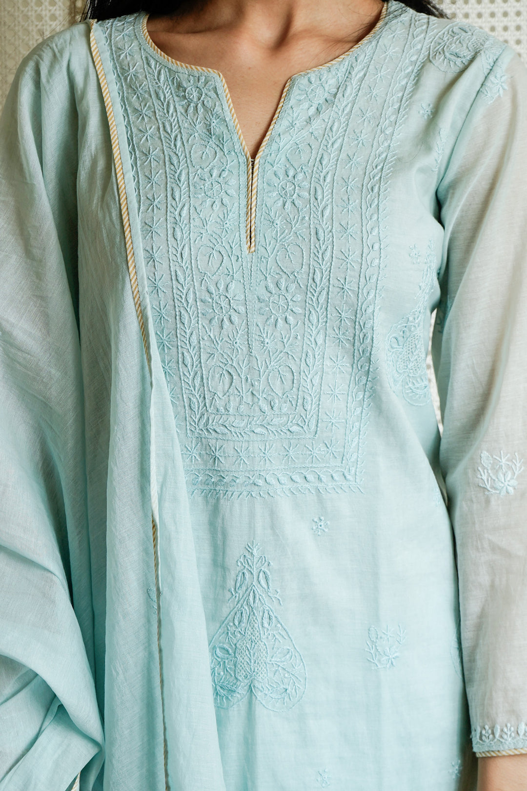 Light blue embroidered kurta with a plain background