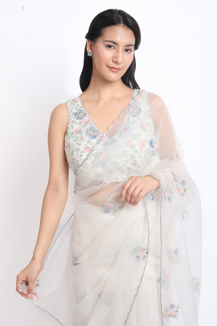 Ivory Winter Garden Saree With Georgette Embroidered Blouse